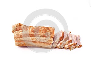 Bacon sliced on white background. pork fat with veins.