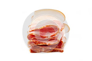 Bacon slices isolated on white background. Top view