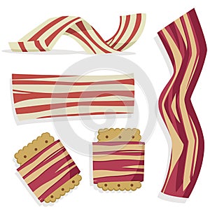 Bacon strips fried crispy flat vector isolated set