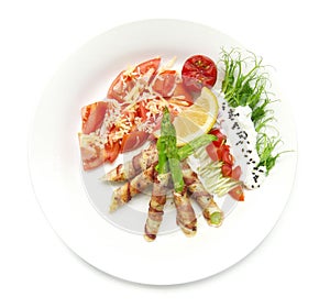 Bacon wrapped asparagus grilled with pea sprouts roll salad on top greek yogurt sprinkle black sasemi