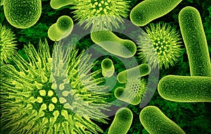 Visualización realista de bacterias en colores verdes.