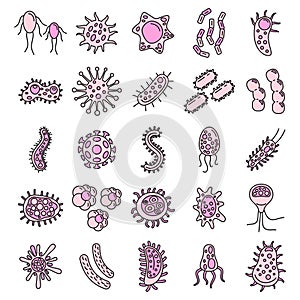 Bacteria biology icons set vector color