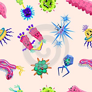 Bacteria characters Seamless pattern. Cartoon Cute germ virus funny infection. Funny bad emotions micro Microbe. Color