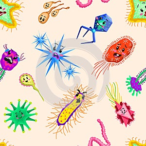 Bacteria characters Seamless pattern. Cartoon Cute germ virus funny infection. Funny bad emotions micro Microbe. Color