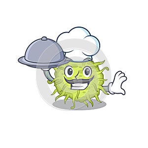 Bacteria coccus chef cartoon character serving food on tray