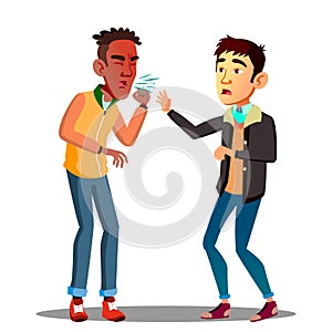 Bacteria Fly Out Of Man S Mouth Sneezing At A Scared Friend Vector. Isolated Cartoon Illustration