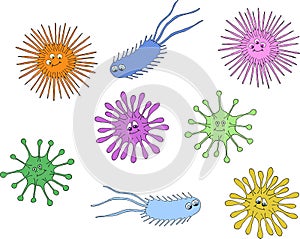 Bacteria and germs colorful set, micro-organisms disease-causing objects, bacteria. Vector cartoon illustration.