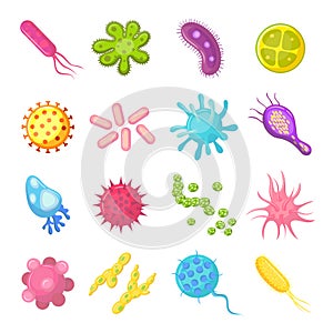 Bacteria and germs colorful set micro-organisms disease-causing objects, bacteria, viruses, fungi. Vector isolated