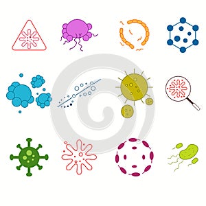 Bacteria and germs colorful set, micro-organisms disease-causing objects, different types, bacteria, viruses, fungi