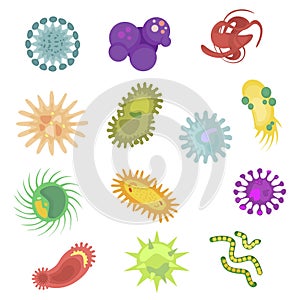 Bacteria and germs colorful set, micro-organisms disease-causing objects, different types, bacteria, viruses, fungi, protozoa.