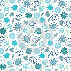 Bacteria and germs seamless pattern. Hand drawn green and blue microorganisms.