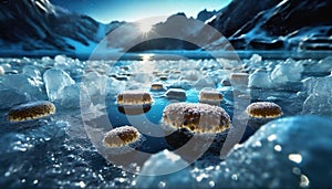 Bacteria in ice. Microbes preserved in thawing ice. Generative AI Image.