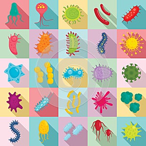 Bacteria icons set, flat style