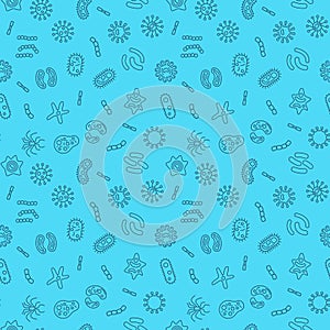 Bacteria and microbe organism vector blue seamless pattern