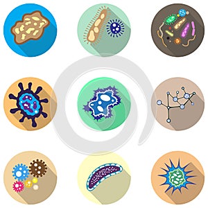 Bacteria, microorganism and virus cells icons set