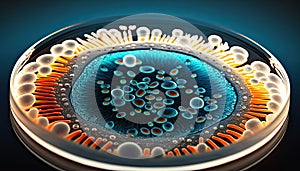 Bacteria and molecules in a petri dish. Abstract growth under a microscope. Science, biology, chemistry. Microbes, virus. 3D.