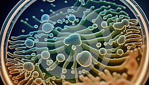 Bacteria and molecules in a petri dish. Abstract growth under a microscope. Science, biology, chemistry. Microbes, virus. 3D.