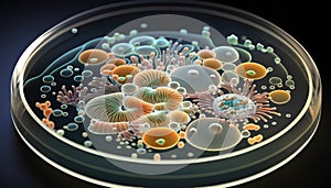 Bacteria and molecules in a petri dish. Abstract growth under a microscope. Science, biology, chemistry. Microbes, virus. 3D.