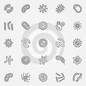 Bacteria outline icons set. Microbe and virus outline symbols