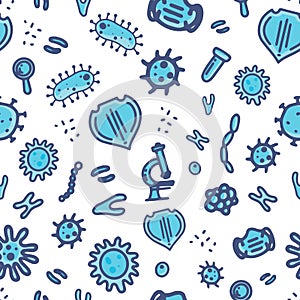 Bacteria seamless pattern, sketch doodle coronavirus illustration, isolated microorganism, vector ameba