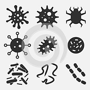 Bacteria, superbug, virus icons set isolated on white background. Vector illustration