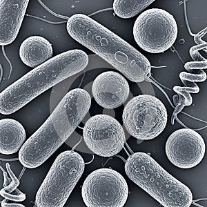 Bacteria types: rod-shaped bacilli, spherical cocci, and spiral-shaped