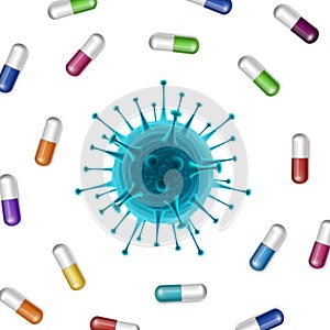 Bacteria vector background with pills and coronavirus in the middle