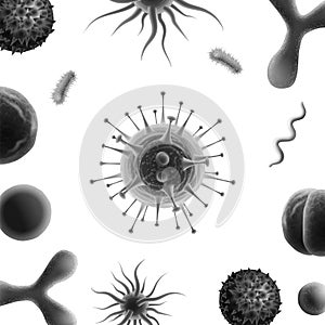Bacteria vector monochrome background with coronavirus in the middle