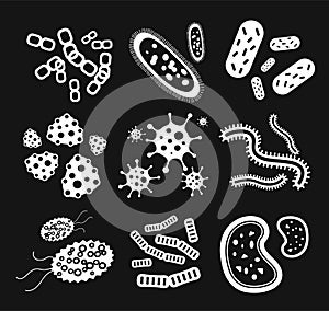 Bacteria virus black and white vector icons set