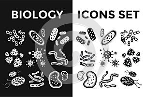 Bacteria virus black and white vector icons set