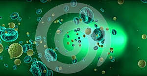 Bacteria, virus, cell flowing on green background