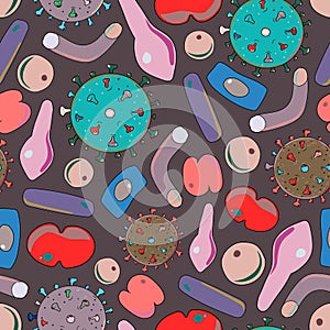 Bacteria virus and germs microorganism cells green inversion seamless pattern vector illustration
