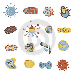 Bacteria and Virus icons set. Bacteria under microscope. Microbe virus sign isolated on white place. Vector
