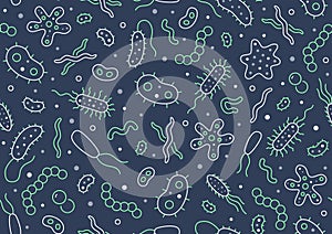 Bacteria, virus, microbe dark seamless pattern. Vector background included line icons as microorganism, germ, mold, cell