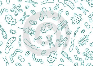 Bacteria, virus, microbe seamless pattern. Vector background included line icons as microorganism, germ, mold, cell