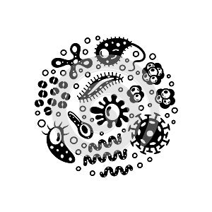 Bacteria and viruses in circle, micro-organisms disease-causing objects. Different types, bacteria, viruses, coronavirus