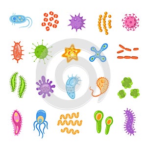Bacteria and viruses collection in flat style, micro-organisms disease-causing objects. Different types, bacteria