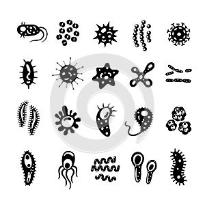 Bacteria and viruses collection in flat style, micro-organisms disease-causing objects. Different types, bacteria