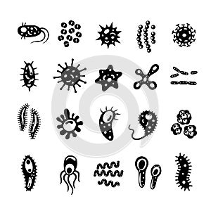 Bacteria and viruses collection in flat style, micro-organisms disease-causing objects. Different types, bacteria