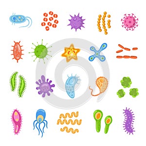 Bacteria and viruses colorful set, micro-organisms disease-causing objects. Different types, bacteria, viruses