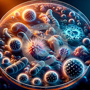 Bacteria, viruses, and mold in a petri dish.
