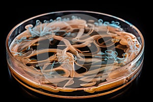 bacterial colonies growing in petri dish, with dramatic zooming and swirling