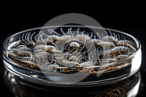 bacterial colonies growing in petri dish, with dramatic zooming and swirling