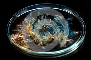 bacterial colonies growing in petri dish, with dramatic zooming and swirling