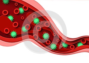 Bacterial or viral infection in blood, vector paper cut illustration. Medical poster, banner template with copy space.