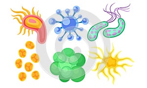 Bacterias and Germs Collection, Different Types of Colorful Microbes, Viruses, Protozoans, Fungi Vector Illustration