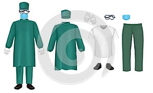 Bacteriological green protective suit set, vector isolated illustration