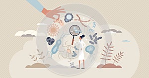 Bacteriology as biology branch with bacteria research tiny person concept photo