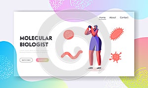 Bacteriology Science Website Landing Page. Woman Molecular Biologist with Photo Camera Making Pictures of Microbes photo