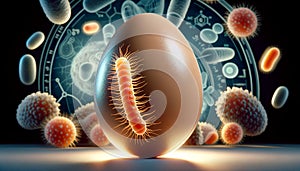 Bacterium attached to egg object, amidst various pathogens, representing biotechnological studies. Salmonella Enteritidis, science photo